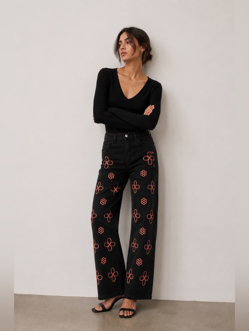 Blogger favorite Black Embroidered Straight Leg High Waist Statement Jeans